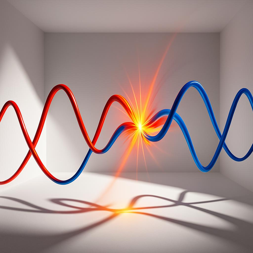 An image of a red and blue wave connecting with a yellow point in the middle of an all-white room.